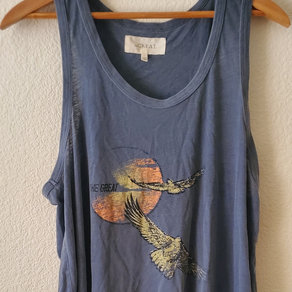 THE GREAT. Blue Racer Back Tank Top with Eagle Graphic